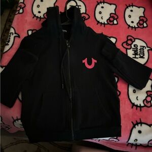 Black true religion zip up Hoodie with Pink Logo